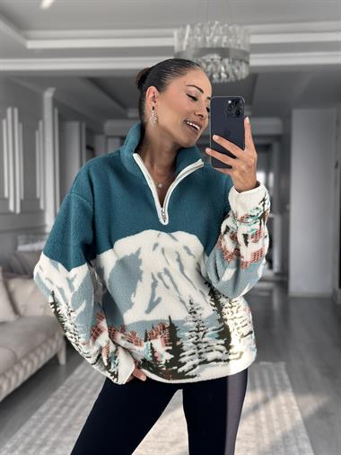 Petrol Yeşili Yarım Fermuarlı Desenli Kadın Sweatshirt