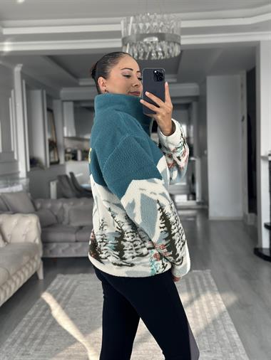 Petrol Yeşili Yarım Fermuarlı Desenli Kadın Sweatshirt