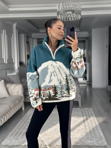 Petrol Yeşili Yarım Fermuarlı Desenli Kadın Sweatshirt