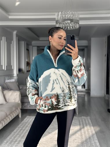 Petrol Yeşili Yarım Fermuarlı Desenli Kadın Sweatshirt