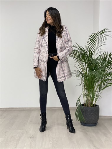 Pudra Beyaz Desen Eteği Püsküllü Tüvit Kadın Ceket