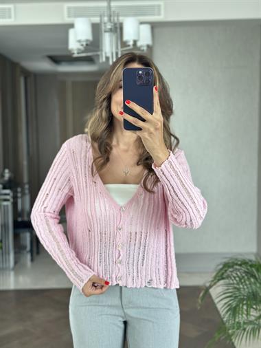 Pudra Dekolteli Düğmeli Triko Kadın Hırka 