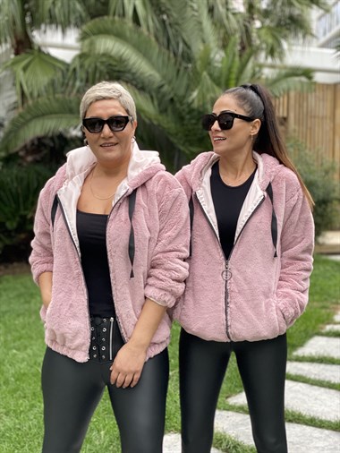 Pudra Kapüşonlu Fermuarlı Tavşan Kadın Kürk Mont