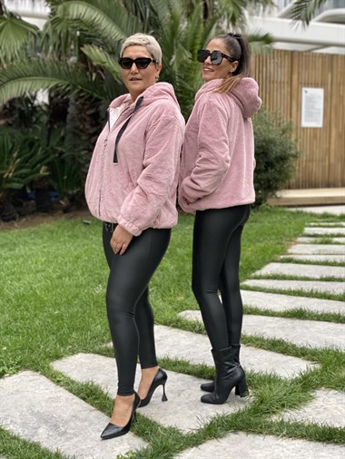 Pudra Kapüşonlu Fermuarlı Tavşan Kadın Kürk Mont