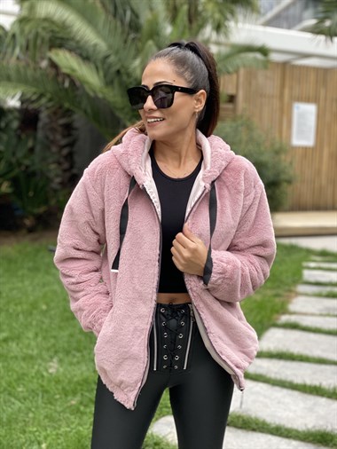 Pudra Kapüşonlu Fermuarlı Tavşan Kadın Kürk Mont