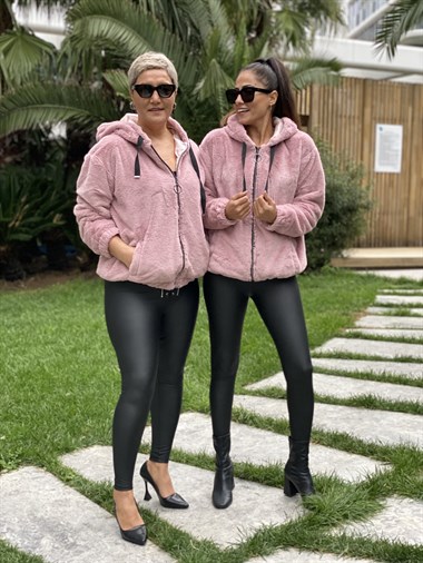 Pudra Kapüşonlu Fermuarlı Tavşan Kadın Kürk Mont