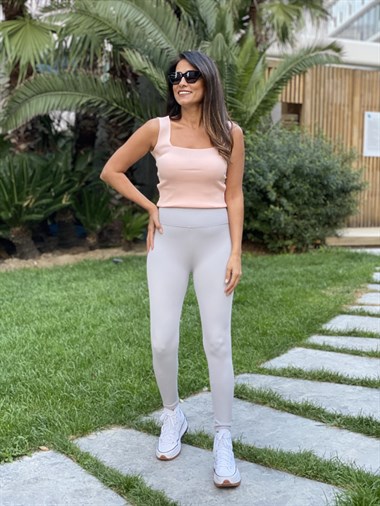 Pudra Kare Yaka Triko Kadın Body