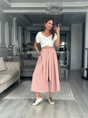 Pudra Krep Kumaş Arka Beli Lastikli Kadın Etek Pantolon