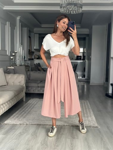 Pudra Krep Kumaş Arka Beli Lastikli Kadın Etek Pantolon