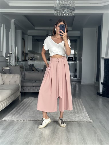 Pudra Krep Kumaş Arka Beli Lastikli Kadın Etek Pantolon