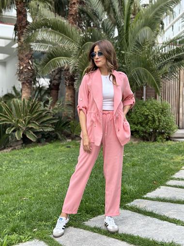 Pudra Orjinal Marka Bağcık Detay Şal Yaka Ceket Pantolon Kadın Alt Üst Takım
