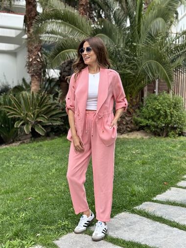 Pudra Orjinal Marka Bağcık Detay Şal Yaka Ceket Pantolon Kadın Alt Üst Takım