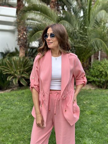 Pudra Orjinal Marka Bağcık Detay Şal Yaka Ceket Pantolon Kadın Alt Üst Takım