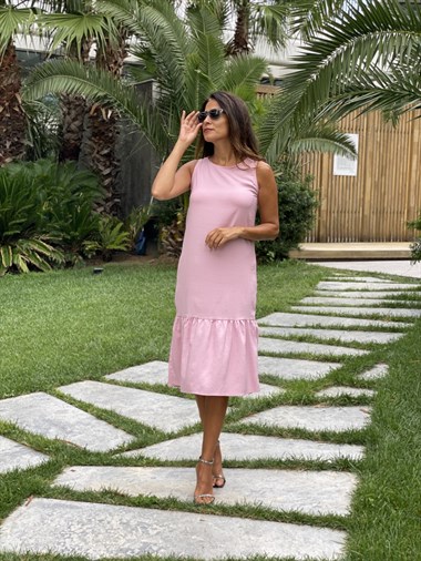 Pudra Sıfır Kol Eteği Volanlı Aerobin Kadın Elbise
