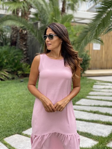 Pudra Sıfır Kol Eteği Volanlı Aerobin Kadın Elbise