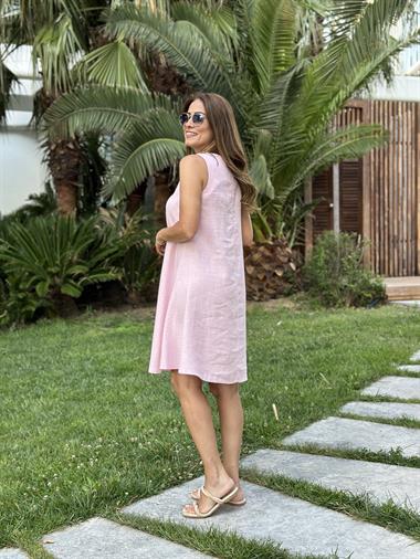 Pudra Sıfır Kol Ham Keten Çan Kadın Elbise