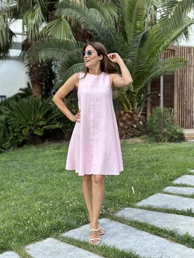Pudra Sıfır Kol Ham Keten Çan Kadın Elbise