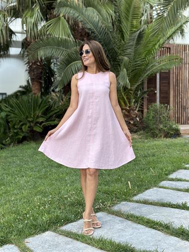 Pudra Sıfır Kol Ham Keten Çan Kadın Elbise