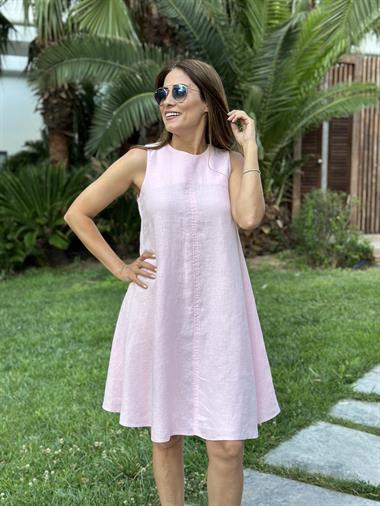 Pudra Sıfır Kol Ham Keten Çan Kadın Elbise