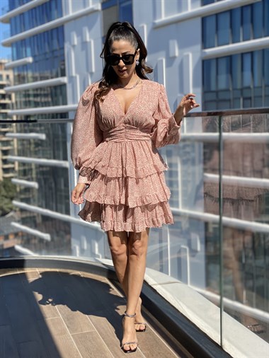 Pudra V Yaka Mini Kat Kat Şifon Elbise