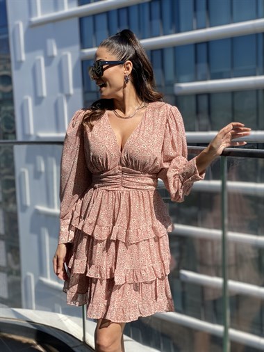 Pudra V Yaka Mini Kat Kat Şifon Elbise