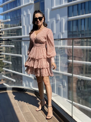 Pudra V Yaka Mini Kat Kat Şifon Elbise