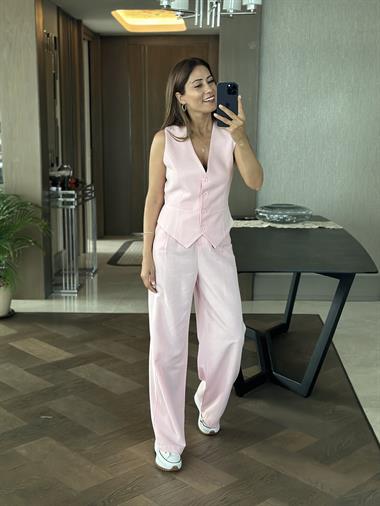 Pudra Terni Yelek Pantolon Kadın Keten Alt Üst Takım