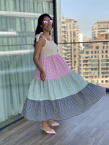 Renkli Askılı Pötikare Elbise