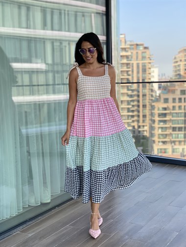 Renkli Askılı Pötikare Elbise