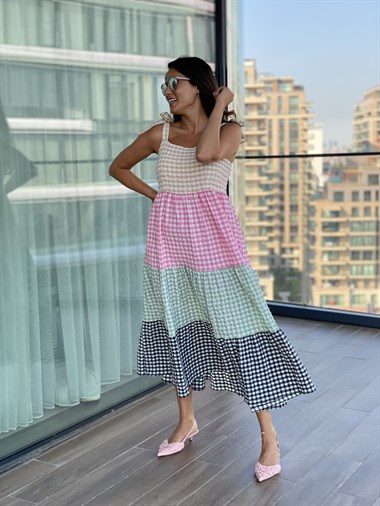 Renkli Askılı Pötikare Elbise