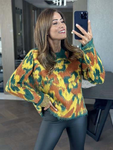 Sarı Yeşil Renkli Boncuk İşlemeli Şardonlu Kadın Kazak 