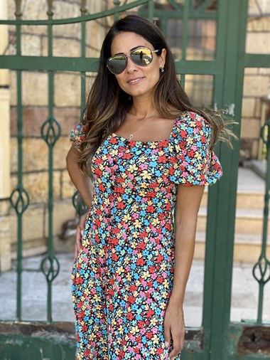 Renkli Çiçekli Karpuz Kol Önü Düğmeli Bürümcük Kadın Elbise