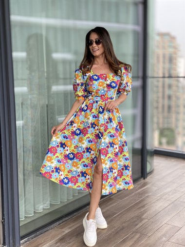 Renkli Çiçekli Önü Düğmeli Prenses Elbise