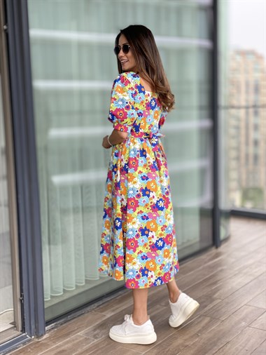 Renkli Çiçekli Önü Düğmeli Prenses Elbise