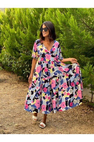 Renkli Yarasa Kol Elbise