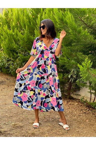 Renkli Yarasa Kol Elbise