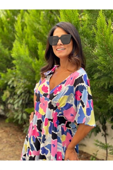 Renkli Yarasa Kol Elbise