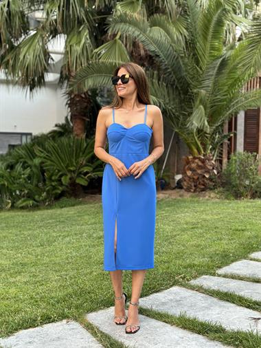 Saks Askılı Gloplu Atlas Kadın Elbise