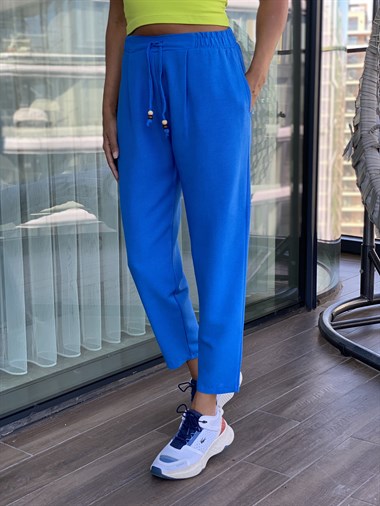 Saks Bağcığı Boncuk Detay Cepli Keten Kadın Pantolon