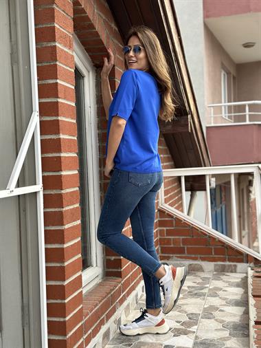 Saks Bisiklet Yaka Arka Damla Detay Kısa Kol Merserize Kadın Bluz