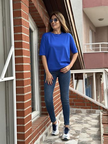 Saks Bisiklet Yaka Arka Damla Detay Kısa Kol Merserize Kadın Bluz