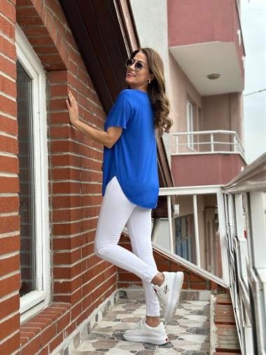 Saks Bisiklet Yaka  Kolu Ve Eteği Lazer Kesim Kadın T-Shirt