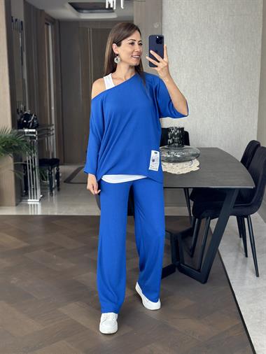 Saks Geniş Paça Armalı Bürümcük Üçlü Kadın Takım