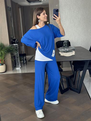 Saks Geniş Paça Armalı Bürümcük Üçlü Kadın Takım