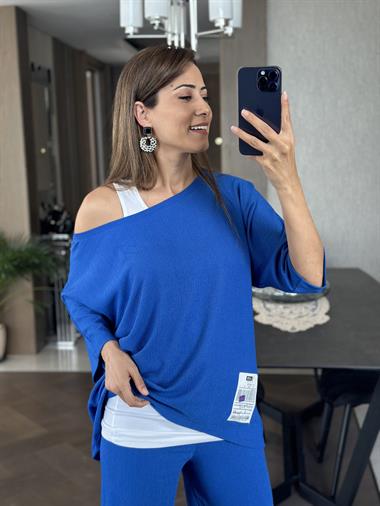 Saks Geniş Paça Armalı Bürümcük Üçlü Kadın Takım