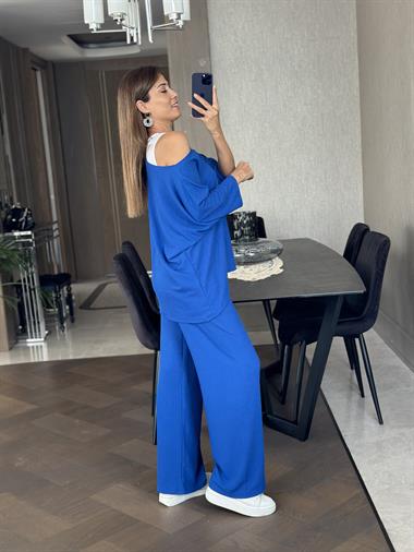 Saks Geniş Paça Armalı Bürümcük Üçlü Kadın Takım