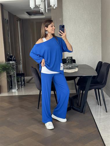 Saks Geniş Paça Armalı Bürümcük Üçlü Kadın Takım