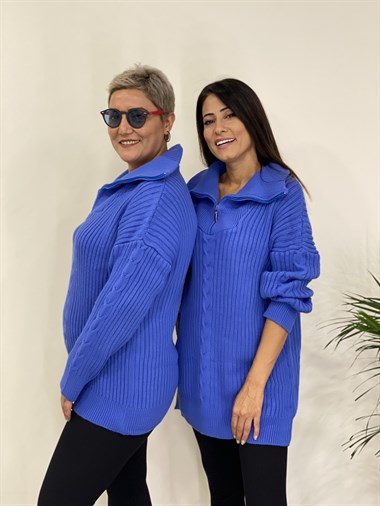 Saks Geniş Yaka Fermuarlı Triko Kadın Kazak