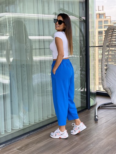 Saks Ham Keten Bel Lastikli Kadın Pantolon