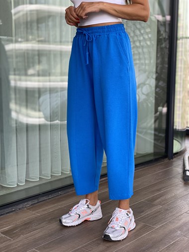 Saks Ham Keten Bel Lastikli Kadın Pantolon